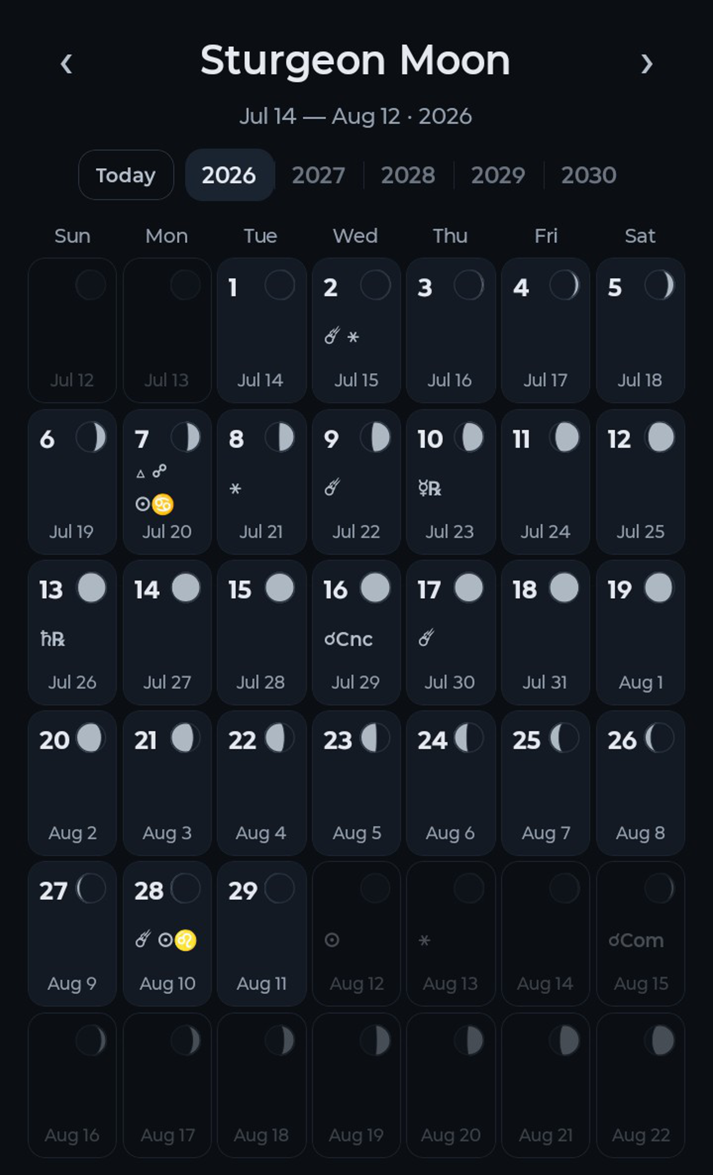 LuNAC calendar showing lunar phases and astronomical events for the first month.