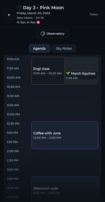 LuNAC day agenda view showing scheduled celestial events.