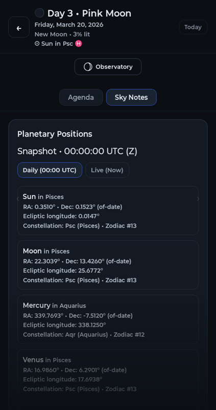 LuNAC sky activity view showing planetary positions.
